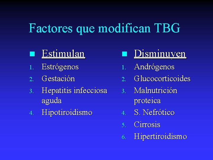 Factores que modifican TBG n Estimulan n Disminuyen 1. Estrógenos Gestación Hepatitis infecciosa aguda