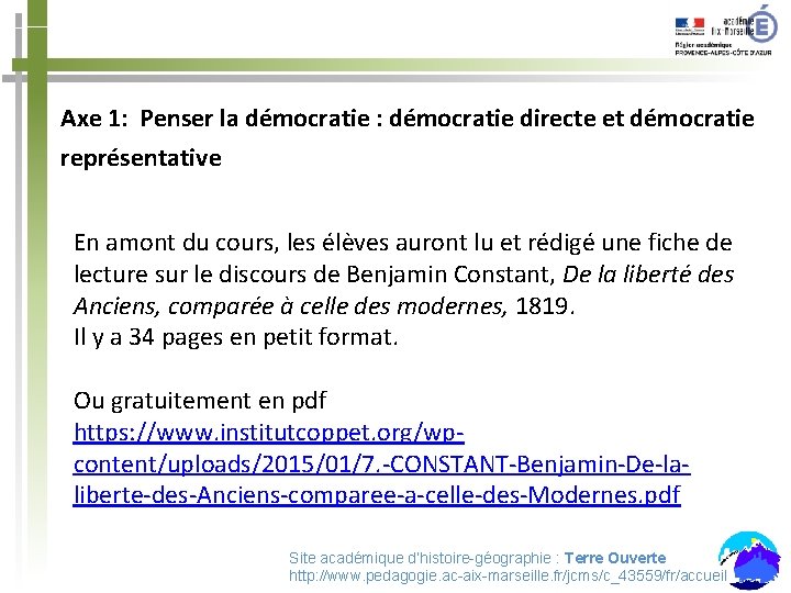 Axe 1: Penser la démocratie : démocratie directe et démocratie représentative En amont du