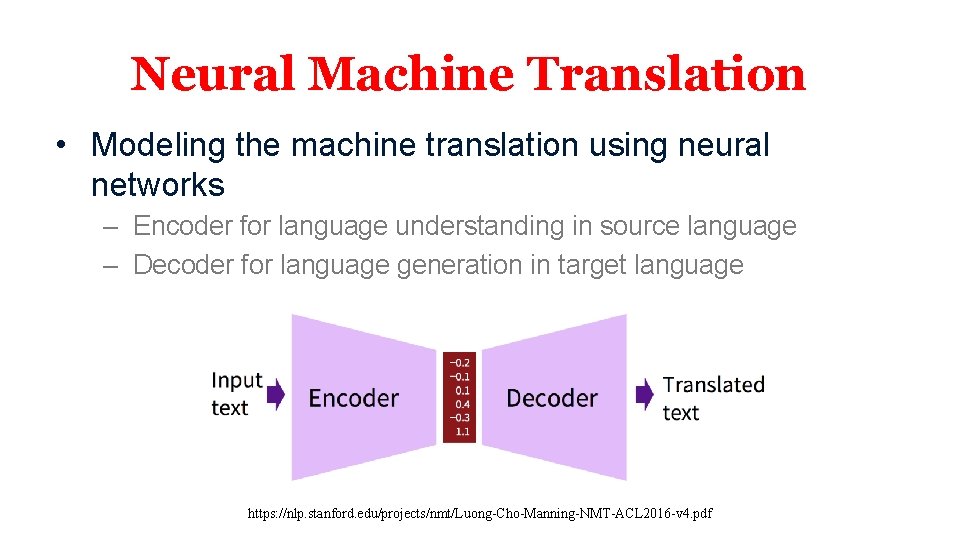 Neural Machine Translation • Modeling the machine translation using neural networks – Encoder for