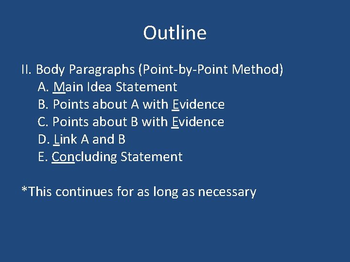 Outline II. Body Paragraphs (Point-by-Point Method) A. Main Idea Statement B. Points about A