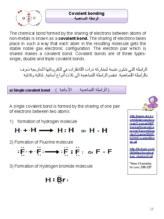 Covalent bonding ﺍﻟﺘﺴﺎﻫﻤﻴﺔ ﺍﻟﺮﺍﺑﻄﺔ The chemical bond formed by the sharing of electrons between