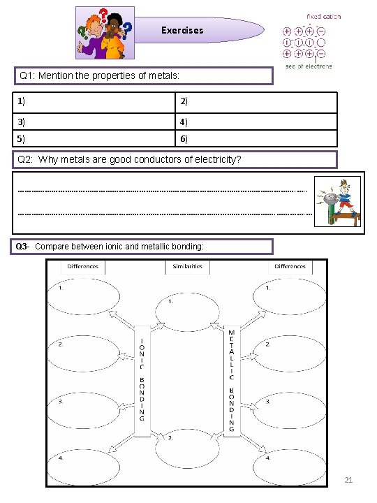 Exercises Q 1: Mention the properties of metals: 1) 2) 3) 4) 5) 6)