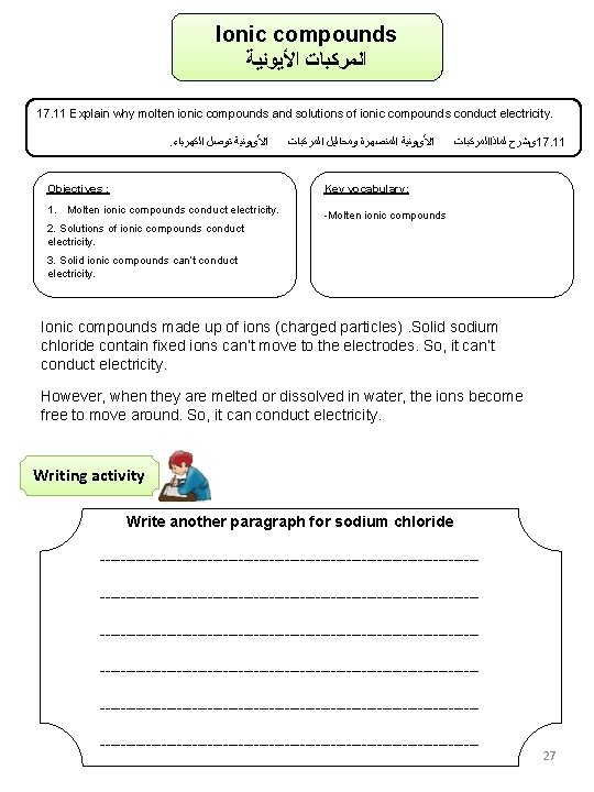 Ionic compounds ﺍﻷﻴﻮﻧﻴﺔ ﺍﻟﻤﺮﻛﺒﺎﺕ 17. 11 Explain why molten ionic compounds and solutions of