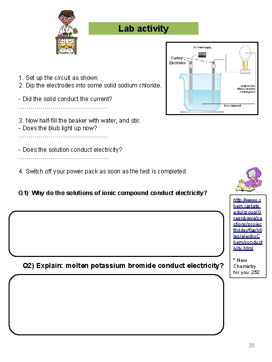 Lab activity 1. Set up the circuit as shown 2. Dip the electrodes into