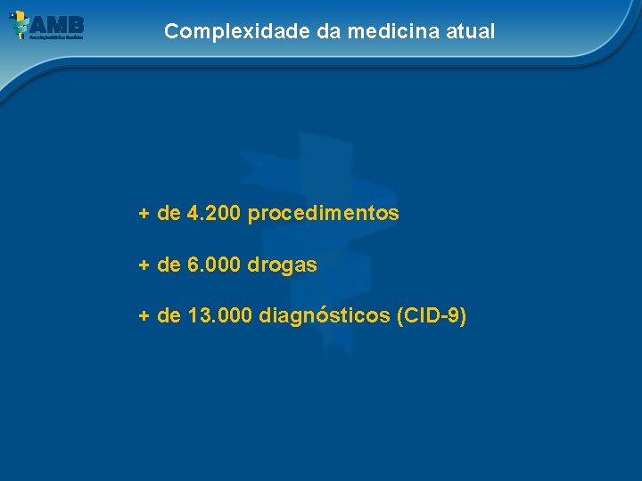 Complexidade da medicina atual + de 4. 200 procedimentos + de 6. 000 drogas