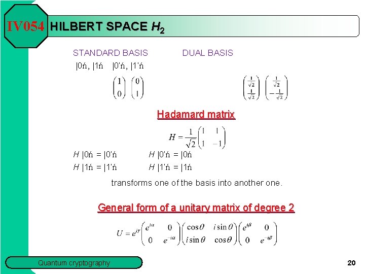 IV 054 HILBERT SPACE H 2 STANDARD BASIS |0ń , |1ń |0’ń , |1’ń