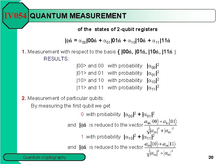 IV 054 QUANTUM MEASUREMENT of the states of 2 -qubit registers |fń = a