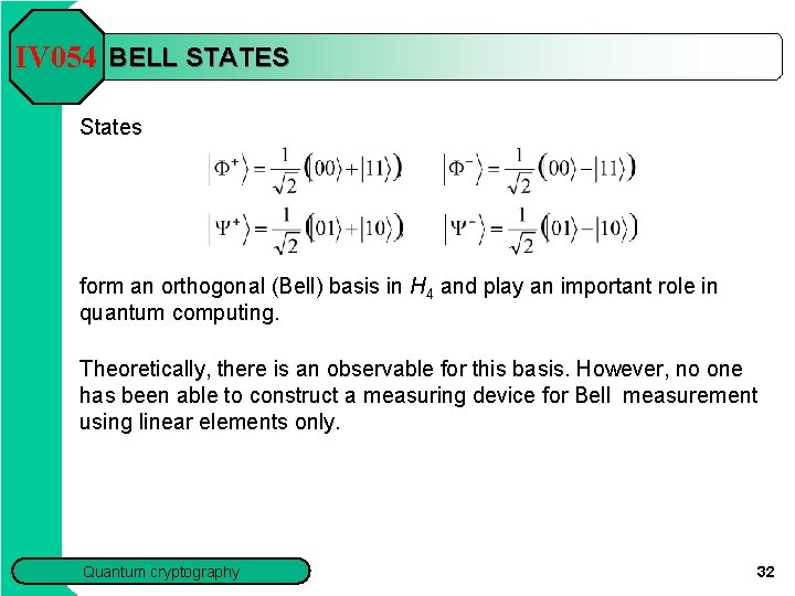 IV 054 BELL STATES States form an orthogonal (Bell) basis in H 4 and