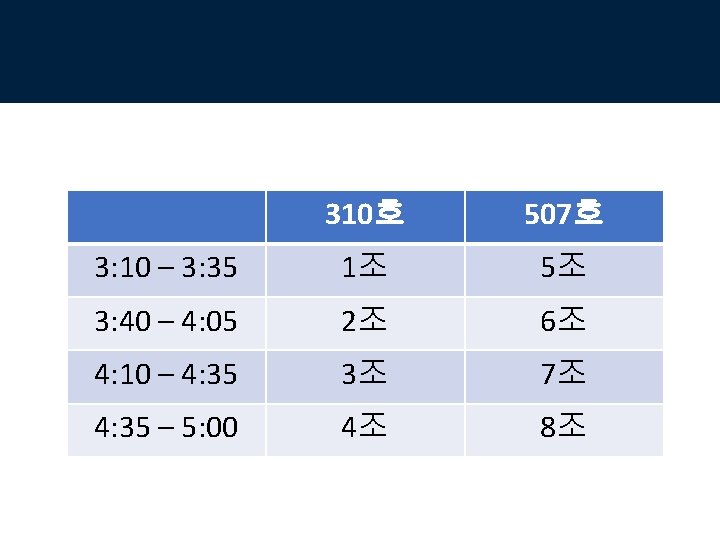 310호 507호 3: 10 – 3: 35 1조 5조 3: 40 – 4: 05