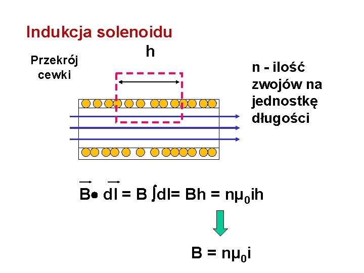 Indukcja solenoidu h Przekrój n - ilość zwojów na jednostkę długości cewki B dl