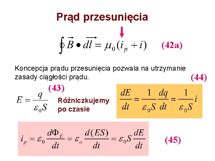 Prąd przesunięcia (42 a) Koncepcja prądu przesunięcia pozwala na utrzymanie zasady ciągłości prądu. (43)