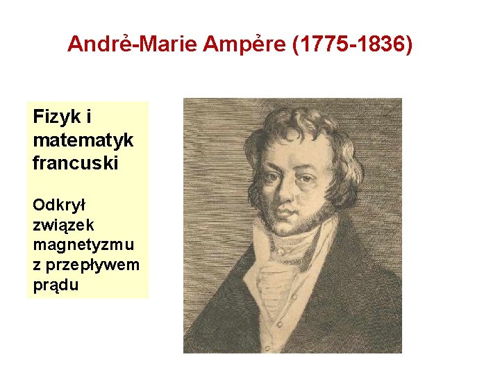 Andrẻ-Marie Ampẻre (1775 -1836) Fizyk i matematyk francuski Odkrył związek magnetyzmu z przepływem prądu