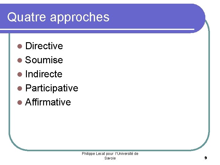 Quatre approches l Directive l Soumise l Indirecte l Participative l Affirmative Philippe Lecat