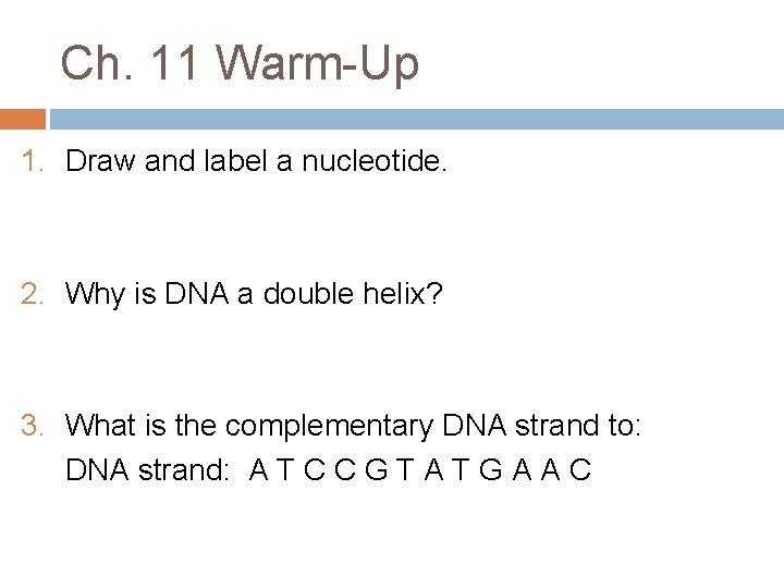 Ch. 11 Warm-Up 1. Draw and label a nucleotide. 2. Why is DNA a