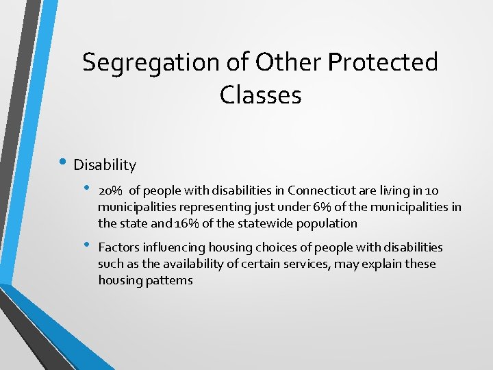 Segregation of Other Protected Classes • Disability • 20% of people with disabilities in