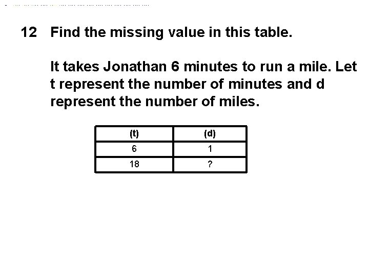 12 Find the missing value in this table. It takes Jonathan 6 minutes to