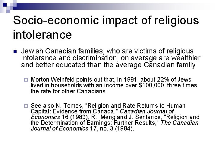 Socio-economic impact of religious intolerance n Jewish Canadian families, who are victims of religious