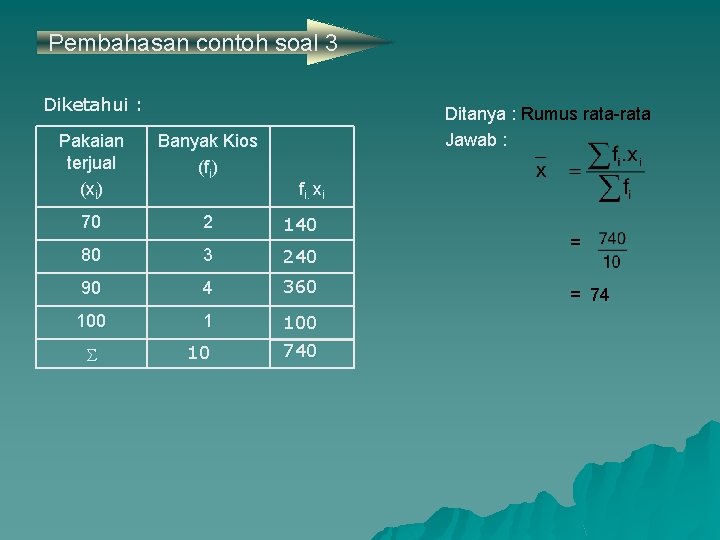 Pembahasan contoh soal 3 Diketahui : Ditanya : Rumus rata-rata Jawab : Pakaian terjual