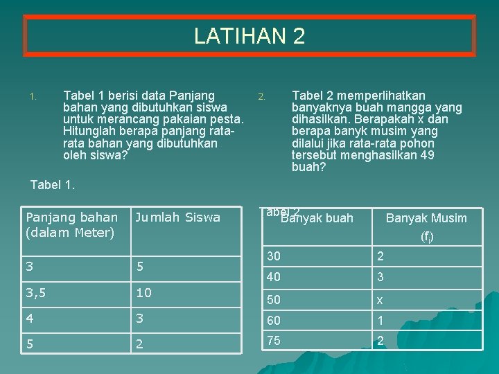 LATIHAN 2 1. Tabel 1 berisi data Panjang bahan yang dibutuhkan siswa untuk merancang