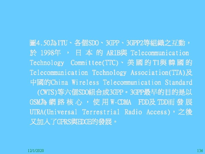 　圖 4. 50為ITU、各個SDO、3 GPP 2等組織之互動， 於 1998年 ， 日 本 的 ARIB與 Telecommunication Technology