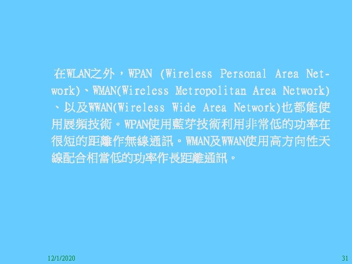 在WLAN之外，WPAN (Wireless Personal Area Network)、WMAN(Wireless Metropolitan Area Network) 、以及WWAN(Wireless Wide Area Network)也都能使 用展頻技術。WPAN使用藍芽技術利用非常低的功率在 很短的距離作無線通訊。WMAN及WWAN使用高方向性天