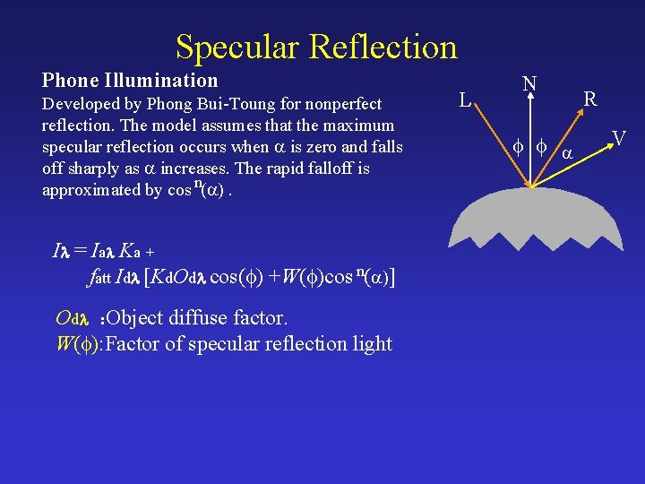 Specular Reflection Phone Illumination Developed by Phong Bui-Toung for nonperfect reflection. The model assumes