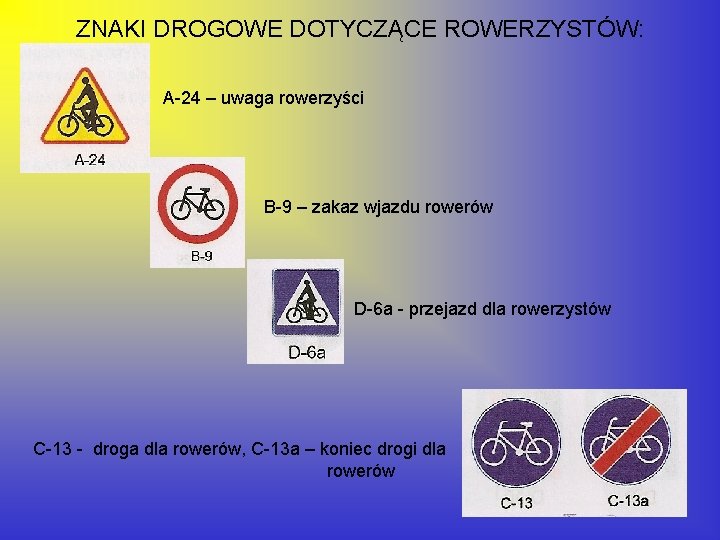 ZNAKI DROGOWE DOTYCZĄCE ROWERZYSTÓW: A-24 – uwaga rowerzyści B-9 – zakaz wjazdu rowerów D-6