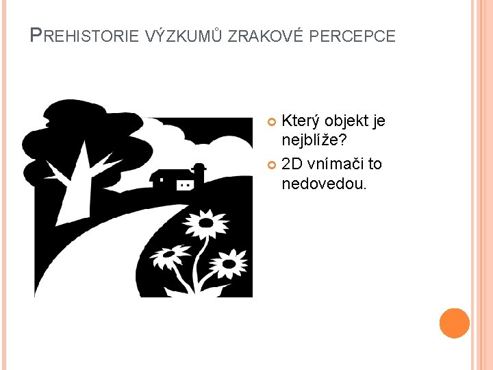 PREHISTORIE VÝZKUMŮ ZRAKOVÉ PERCEPCE Který objekt je nejblíže? 2 D vnímači to nedovedou. 