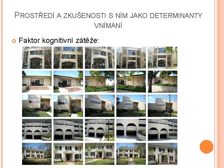 PROSTŘEDÍ A ZKUŠENOSTI S NÍM JAKO DETERMINANTY VNÍMÁNÍ Faktor kognitivní zátěže: 