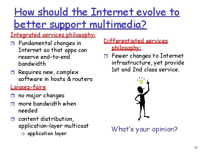 How should the Internet evolve to better support multimedia? Integrated services philosophy: r Fundamental