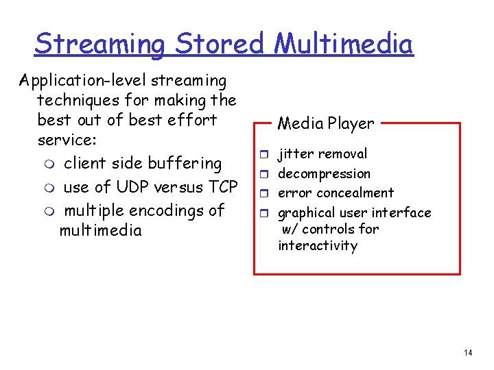 Streaming Stored Multimedia Application-level streaming techniques for making the best out of best effort