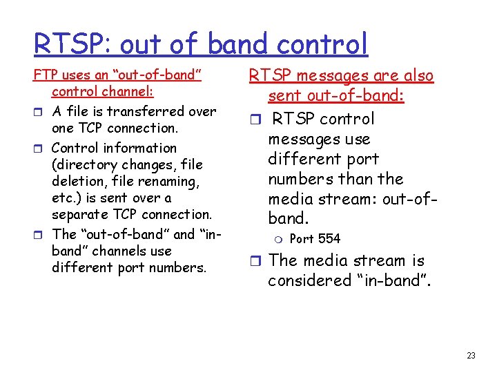 RTSP: out of band control FTP uses an “out-of-band” control channel: r A file