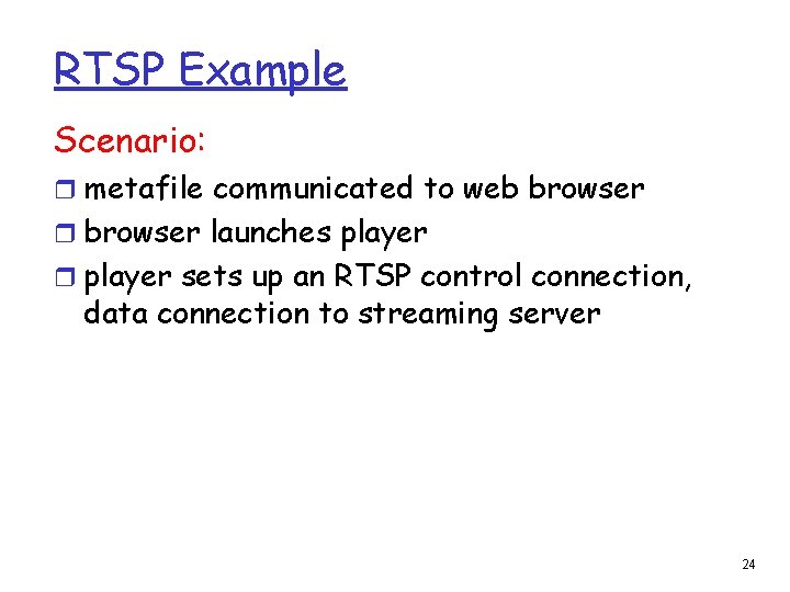 RTSP Example Scenario: r metafile communicated to web browser r browser launches player r