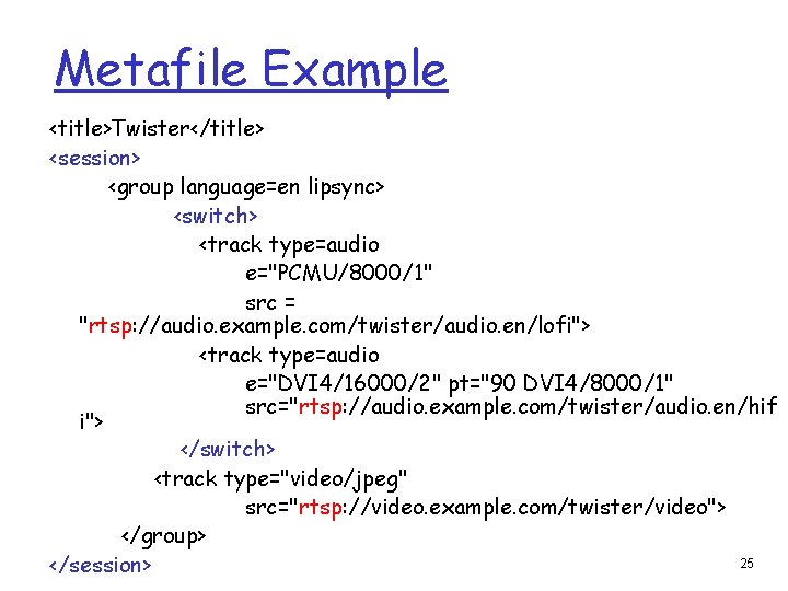 Metafile Example <title>Twister</title> <session> <group language=en lipsync> <switch> <track type=audio e="PCMU/8000/1" src = "rtsp: