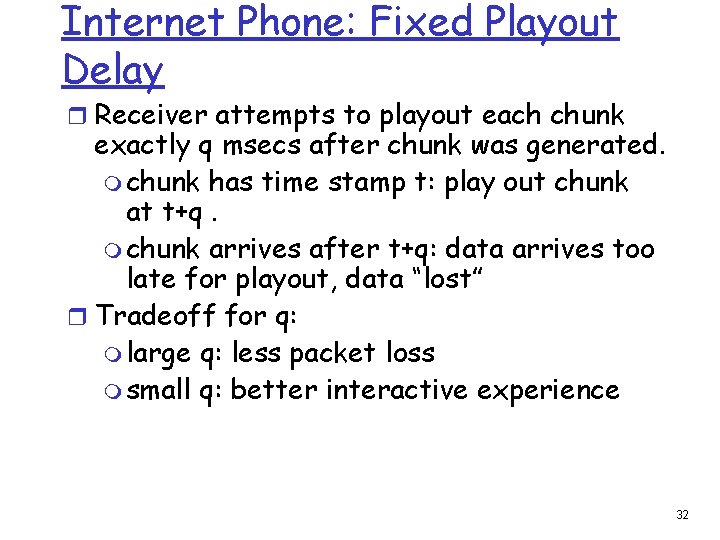 Internet Phone: Fixed Playout Delay r Receiver attempts to playout each chunk exactly q