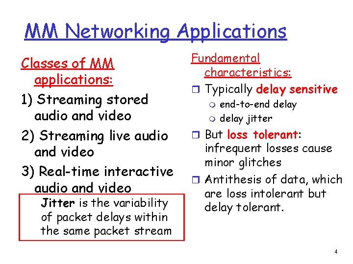 MM Networking Applications Classes of MM applications: 1) Streaming stored audio and video 2)
