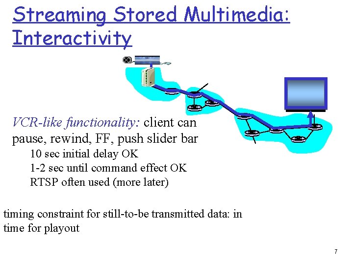 Streaming Stored Multimedia: Interactivity VCR-like functionality: client can pause, rewind, FF, push slider bar