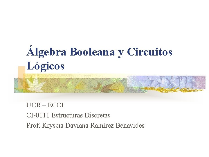 Álgebra Booleana y Circuitos Lógicos UCR – ECCI CI-0111 Estructuras Discretas Prof. Kryscia Daviana