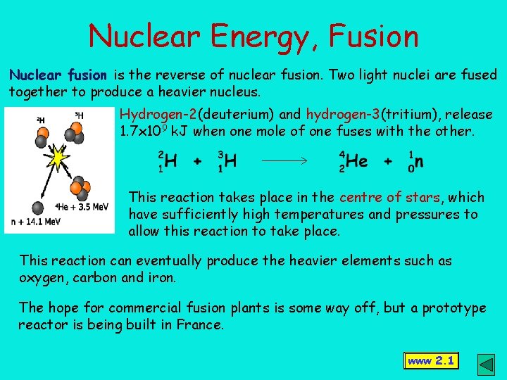 Nuclear Energy, Fusion Nuclear fusion is the reverse of nuclear fusion. Two light nuclei