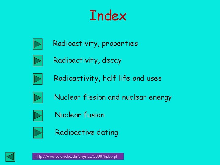 Index Radioactivity, properties Radioactivity, decay Radioactivity, half life and uses Nuclear fission and nuclear