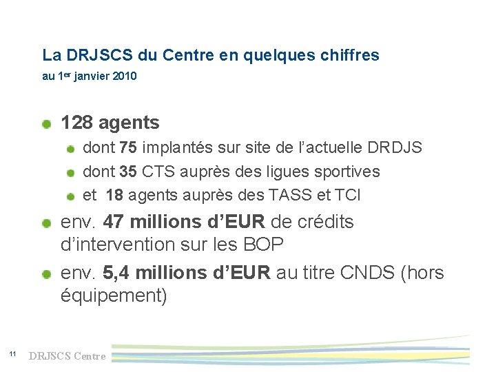 La DRJSCS du Centre en quelques chiffres au 1 er janvier 2010 128 agents