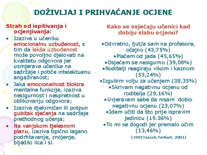 DOŽIVLJAJ I PRIHVAĆANJE OCJENE Strah od ispitivanja i ocjenjivanja: • Izaziva u učeniku emocionalnu