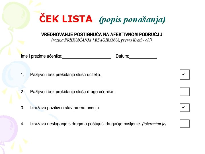 ČEK LISTA (popis ponašanja) 