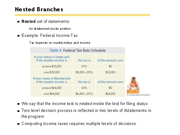 Nested Branches Nested set of statements: An ifstatement inside another Example: Federal Income Tax