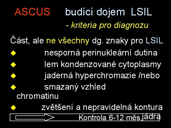 ASCUS budící dojem LSIL - kriteria pro diagnozu Část, ale ne všechny dg. znaky