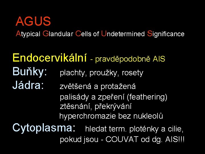 AGUS Atypical Glandular Cells of Undetermined Significance Endocervikální - pravděpodobně AIS Buňky: plachty, proužky,