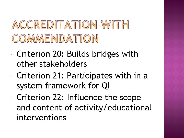  Criterion 20: Builds bridges with other stakeholders Criterion 21: Participates with in a