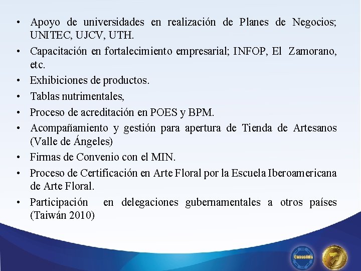  • Apoyo de universidades en realización de Planes de Negocios; UNITEC, UJCV, UTH.