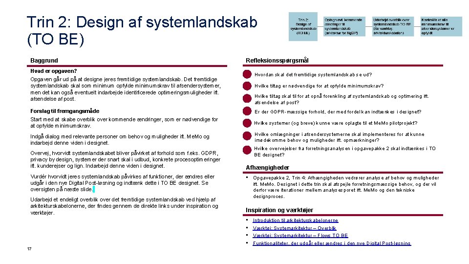 Trin 2: Design af systemlandskab (TO BE) Baggrund Refleksionsspørgsmål Hvad er opgaven? Hvordan skal