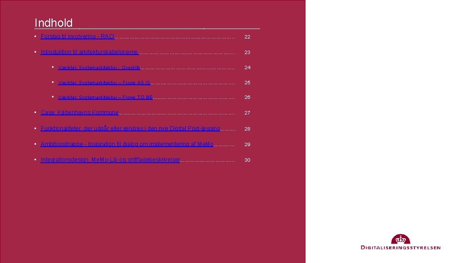 Indhold 21 • Forslag til involvering - RACI………………………………. . 22 • Introduktion til arkitekturskabelonerne